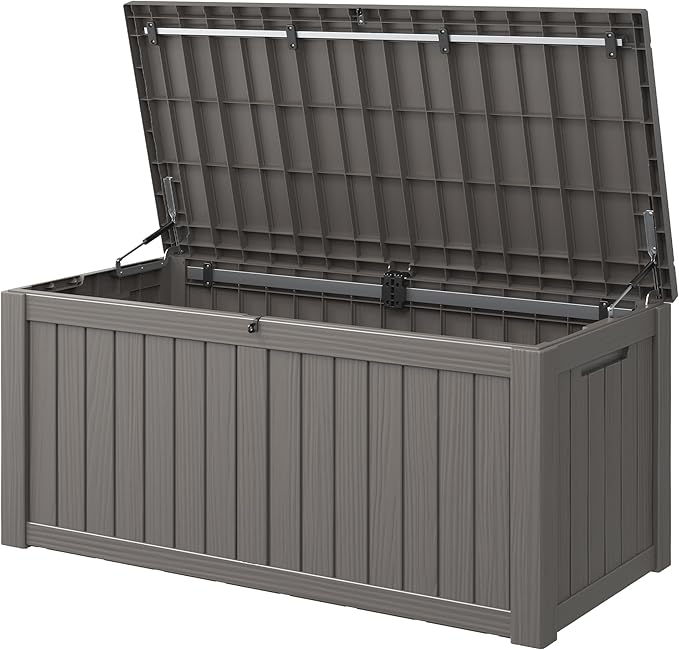 KAMABOKO Outdoor Storage Box, 120 Gallon Large Outdoor Resin Deck Box, Storage Waterproof Boxes Lockable Lid for Garden Tools, Pool Supplies, Patio Furniture and Cushions, Grey-Ruum Studio Home
