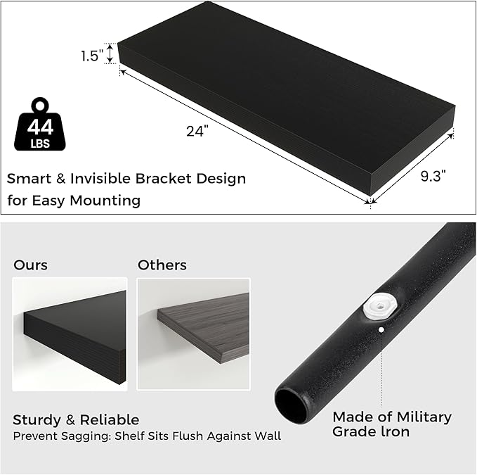 Floating Shelves - 2 Large Wall Mounted Shelves with Invisible Brackets, Long Wood Floating Wall Shelf for Living Room, Bedroom, Kitchen (Black, 24" W x 9" D x 1.5" H)-Ruum Studio Home