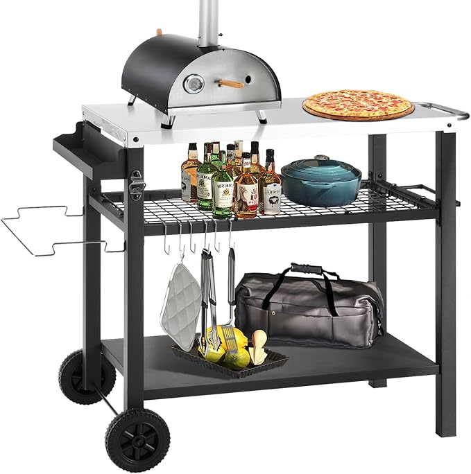 Grill Cart Table with Three Shelf, Movable Outdoor Dining Cart Pizza Oven Stand with Three Hooks, Kitchen Cart Island Multifunction Food Prep Table (Sliver)-Ruum Studio Home