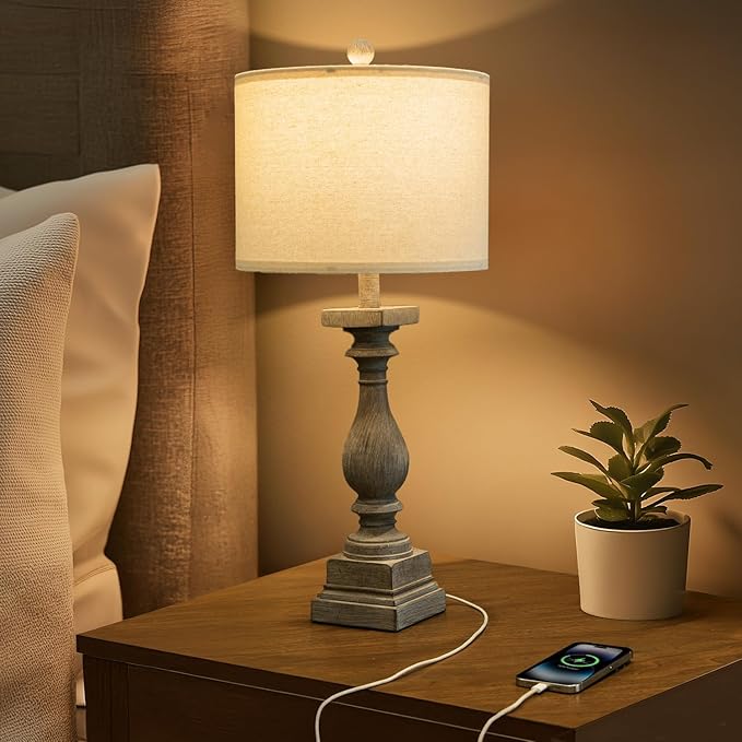 BOBOMOMO 27" Farmhouse Table Lamps with USB-A +C Ports, Vintage Rustic Lamps for Living Room, Linen Shade, Retro Side Table Lamps Set of 2 for Living Room,Bedroom,Night Stands,Office, Home Decor-Ruum Studio Home