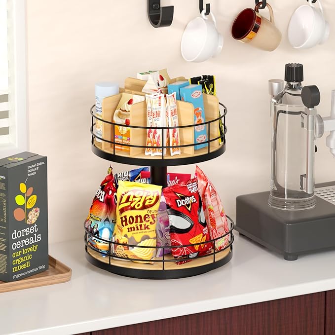 Snack Organizer - Versatile Snack Storage 2 Tier Lazy Susan with Convenient Grab-and-Go Design, Wood and Metal Snack Holder for Home, Office, Breakroom, 12.13" L x 12.13" W x 12.56" H-Ruum Studio Home