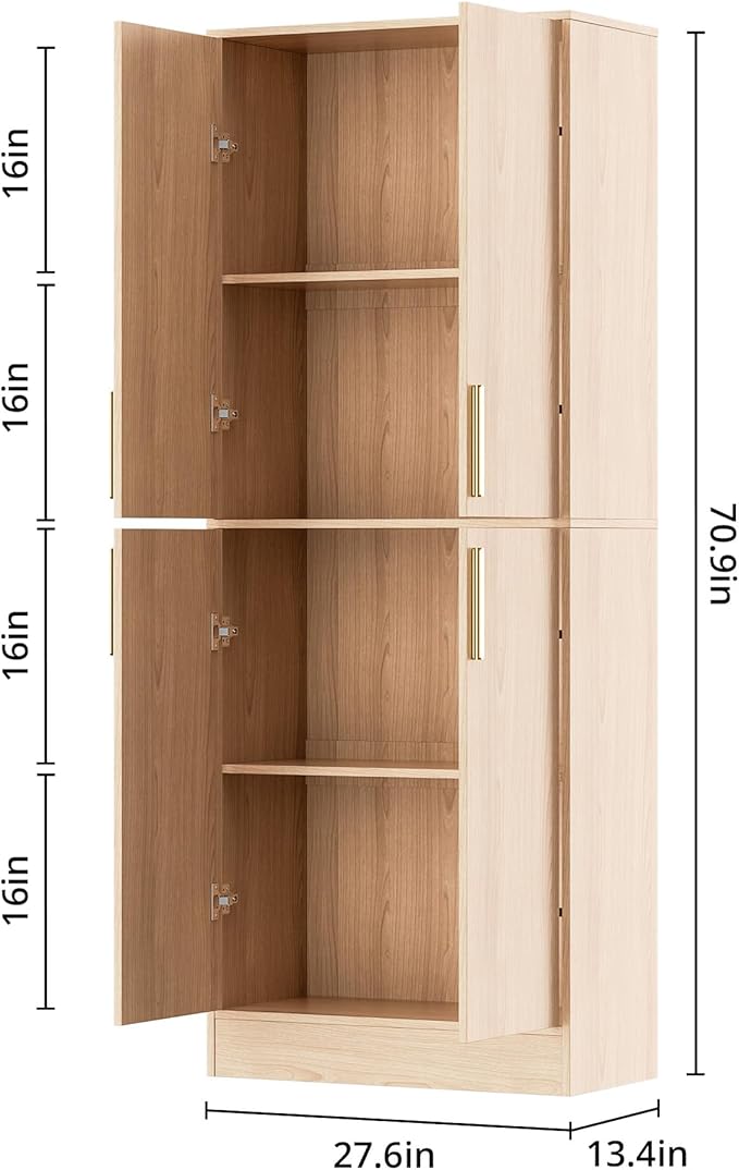 71" Tall Pantry Cabinet with 4 Doors, Kitchen Pantry Storage Cabinet, Freestanding Larder Cupboard, Utility Kitchen Hutch with Gold Handles for Dining Room, Bathroom, Oak-Ruum Studio Home