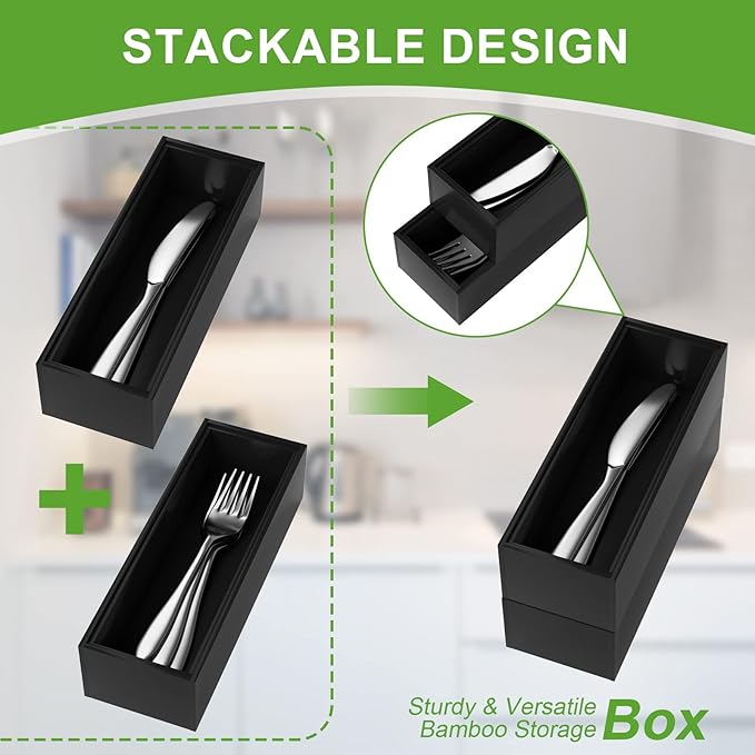 Premium Bamboo Kitchen Drawer Organizer - Set of 2, Stackable Utensils Holder, Storage Box Tray for Kitchen Drawers, Cabinet, Utensil, Silverware, Spatula, Flatware or Makeup, Vanity, Bathroom(Black)-Ruum Studio Home