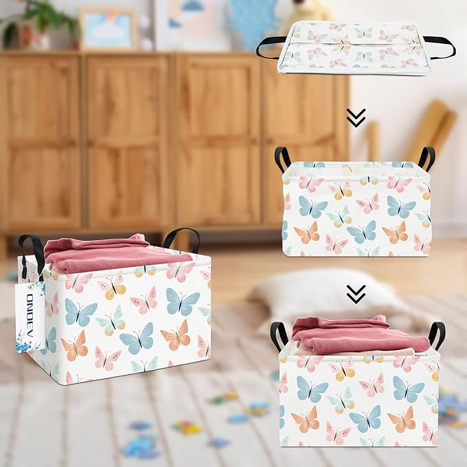 Rectangular Folding Laundry Basket,waterproof Canvas Basket,gift basket,Suitable for children's room,Office,Clothes,Toys Storage(Colorful butterfly)-Ruum Studio Home