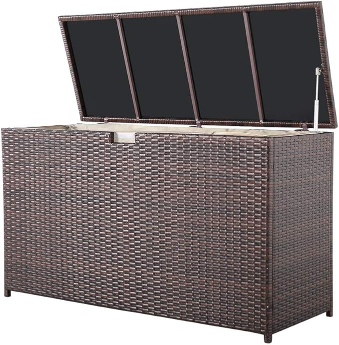 Super Patio Wicker Outdoor Patio Storage Box Waterproof, 120 Gallon Large Deck Box Rattan Storage Bin for Cushions, Garden Tools, Pool, Brown-Ruum Studio Home