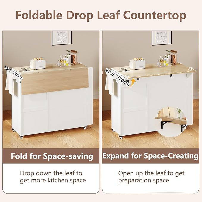 Kitchen Island with Drop Leaf & Power Outlet, Rolling Kitchen Island on Wheels with Trash Can Storage, Island Table Bar Cart with Spice Rack, Towel Rack, Drawers, Mobile Kitchen Carts on Wheels-Ruum Studio Home