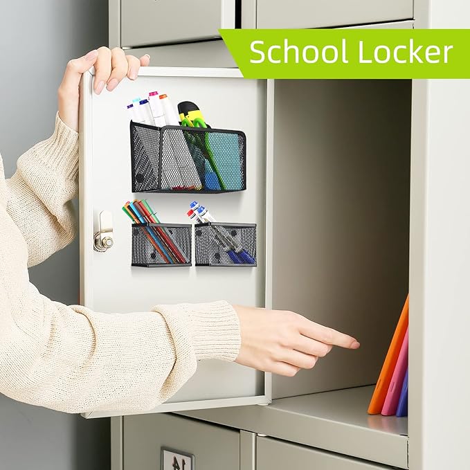 Neudeco Locker Shelf Organizer, Magnetic Pencil Holder, Metal Storage Basket for Whiteboard, Refrigerator, Ideal Cabinet for School, Black (Pack 3L)-Ruum Studio Home
