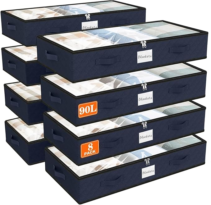 SpaceWhisper 90L Under Bed Storage Containers, 8-Pack Storage Bins with Clear Top, Foldable Closet Organizers and Storage with Label Holder for Clothing, Blankets, Comforter & Pillows(Blue)-Ruum Studio Home