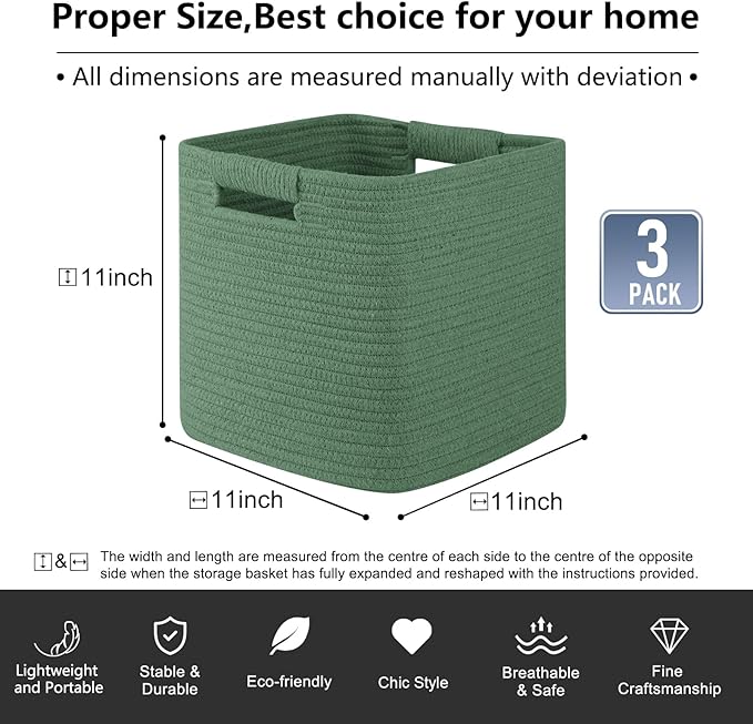 OIAHOMY Storage Cubes 11 Inch Storage Bins-3 Pack, Cotton Rope Woven Baskets for Organizing, Square Baskets for Shelves Organizer, Classroom, Toy Basket, Green-Ruum Studio Home