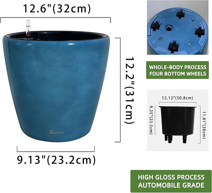 Dexceder 13x12 Self Watering Planter with Wheels Indoor Outdoor, Inner Pot Design, Thickened Large Floor Standing Flower Plant Pot with Water Level Indicator (Peacock Blue Gradient)-Ruum Studio Home