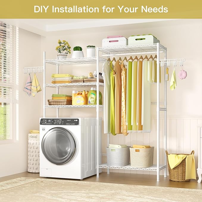 Ulif U5 Over the Washer and Dryer Storage Shelf, Laundry Room Space Saver Bathroom Storage and Organizer Rack for Hanging Towels and Drying Clothes with 5 Wire Shelves, 58.2"W x 13.4"D x 77.5"H, White-Ruum Studio Home