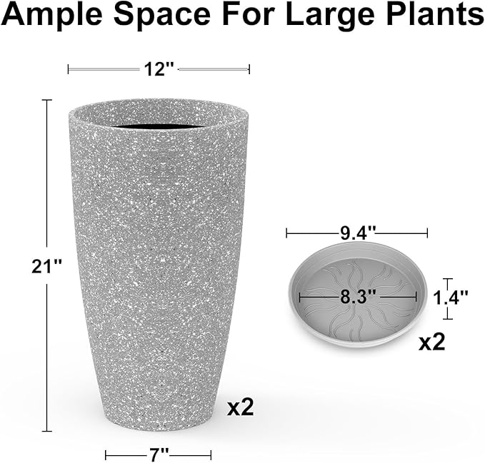 Tall Flower Pot Indoor - Outdoor Plant Pot - Gray Rough Planter - Elegant Stone Imitation - 12" Diameter 21" Tall with Drainage Holes and Saucer-Ruum Studio Home
