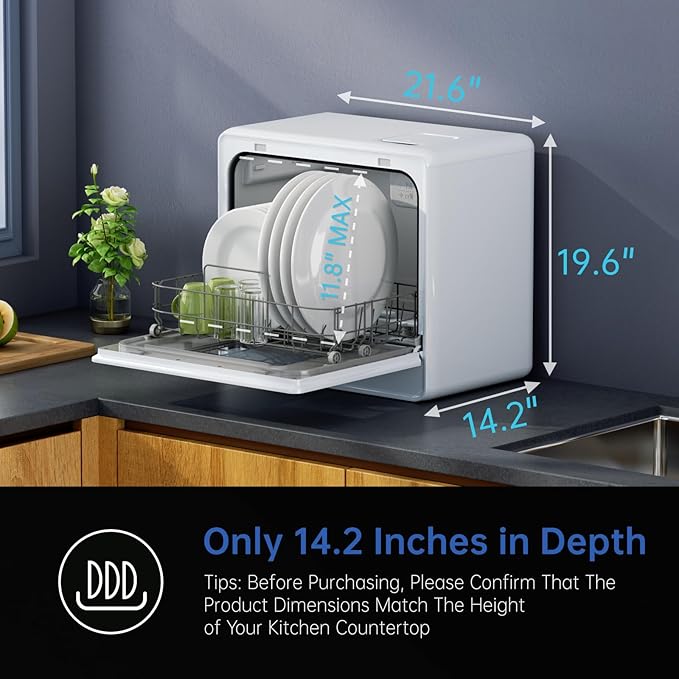 AIRMSEN Countertop Dishwasher Complete 2-Level Rack, Portable Dishwashers with 5L Built-in Water Tank, 3-Spray Arms & 12H Delay Start, No Hookup Needed, A01, White-Ruum Studio Home