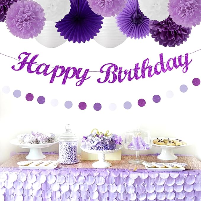 Purple White Birthday Party-Decorations Paper-Flowers - 14pcs Happy Banner Lavender Lanterns Tissue Pom Poms,Lilac Streamers Garland Fans,Women Girls Adult Kids Office Hanging Supplies Decor Hugfond-Ruum Studio Home