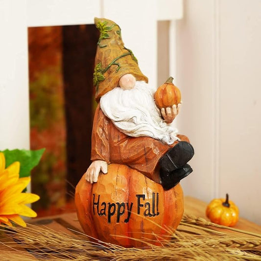 Topadorn Fall Garden Gnome Figurine Sitting on Pumpkin Statue Autumn Harvest Garden Gnomes Statue Figurine for Patio Yard Lawn Porch Decoration, Happy Fall-Ruum Studio Home