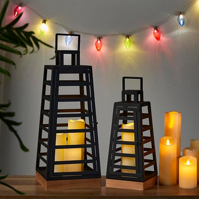 Glitzhome Set of 2 Modern Trapezoid Metal/Wood Decorative Lanterns,Large Candle Lanterns for Living Room,Home,Indoor, Outdoor,Table,Fireplace Mantle Decor -Black(No Glass)-Ruum Studio Home