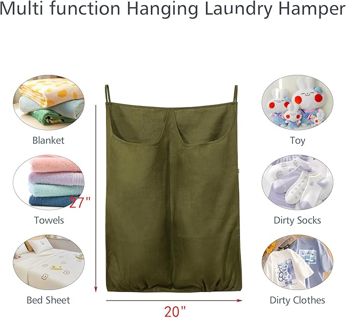 100% Pure Linen Dual Hanging Laundry Bag with 2 Deep Pocket and 2 Side Zipper 20x27in, Over The Door Laundry Hamper Space Saving Hampers for Dirty Clothes Home Travel, Green-Ruum Studio Home