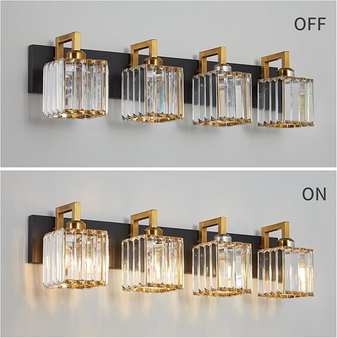 Modern Bathroom Vanity Light 4-Lights Black Gold Crystal Wall Lamp Bathroom Modern Crystal Vanity Lighting-Ruum Studio Home