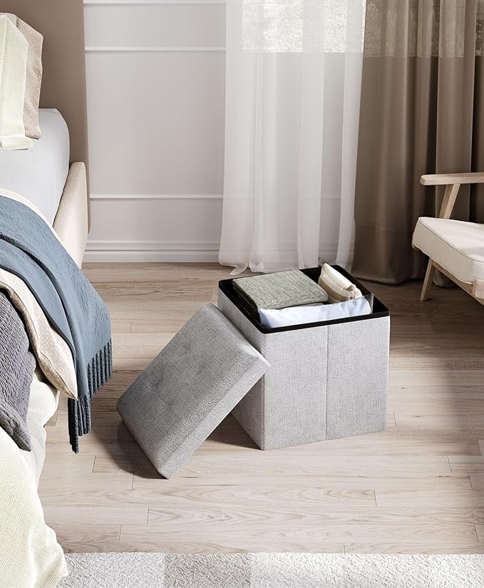 15 Inches Small Folding Storage Ottoman Cube, Storage Footrest, Foot Rest Stool, for Living Room, Bedroom, Dorm, Hallway, Entryway, Light Gray-Ruum Studio Home