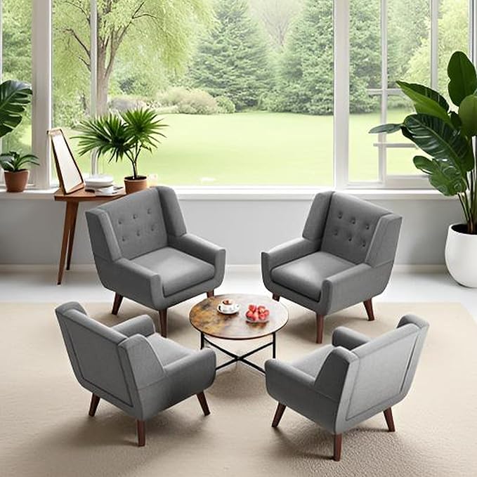 HUIMO Accent Chairs Set of 4, Upholstered Button Tufted Armchair, Linen Fabric Sofa Chairs for Bedroom, Living Room, Mid Century Modern Comfy Reading Chair (4, Light Grey)-Ruum Studio Home