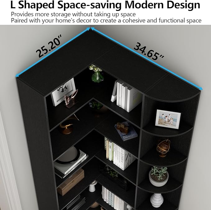 Loomie Black Book Shelf, 6 Tiers Shelf Large Tall Corner Etagere Bookcase with Full Baffle, L-Shaped Modern Storage Display Industrial Bookshelves for Bedroom, Home Office, Living Room & Kitchen,Black-Ruum Studio Home