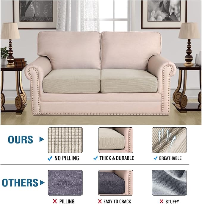 H.VERSAILTEX Super Stretch Individual Seat Cushion Covers Sofa Covers Couch Cushion Covers Slipcover Sets Thick Jacquard Textured Twill Fabric (2 Piece Medium Sofa Cushion Covers, Island Fossi)-Ruum Studio Home