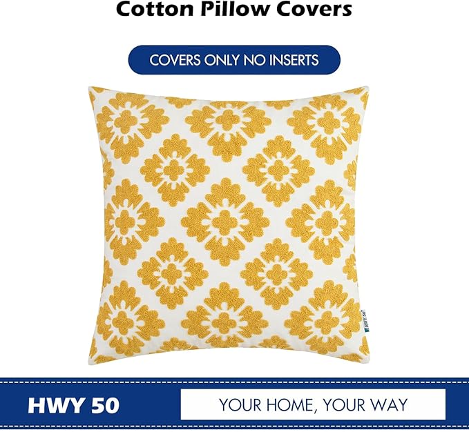 HWY 50 Mustard Yellow Decorative Throw Pillow Covers 18x18 Inch (1 Piece), Embroidered Cotton Farmhouse Cushion Cover Pillow Case for Sofa Couch Living Room Bed, Little Sunflower-Ruum Studio Home