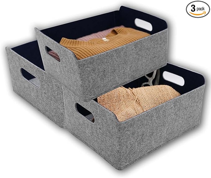 Welaxy storage baskets Felt Foldable Cube bin Shelf Bins Organizer Felt box for Kids Toys Magazine Books Clothes for Office Bedroom Closet Babies Nursery (navy x 3)-Ruum Studio Home