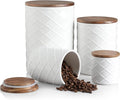 Sweejar Ceramic Canisters Sets for Kitchen Countertop, Relief Food Storage Jar with Bamboo Lid, Stackable Container for Flour, Coffee, Pasta, Cereal, Tea, Sugar, Spices, Pack of 4 (Walnut White)-Ruum Studio Home