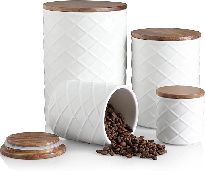 Sweejar Ceramic Canisters Sets for Kitchen Countertop, Relief Food Storage Jar with Bamboo Lid, Stackable Container for Flour, Coffee, Pasta, Cereal, Tea, Sugar, Spices, Pack of 4 (Walnut White)-Ruum Studio Home