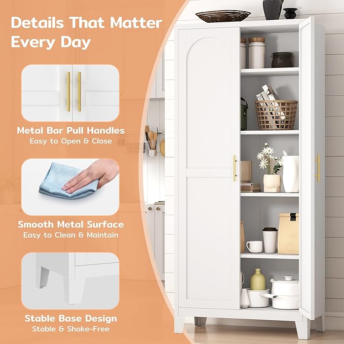 70.87" H Metal Kitchen Pantry Cabinet, Freestanding Cupboard with 2 Doors and 4 Adjustable Shelves, Tall Metal Storage Cabinet for Kitchen, Bathroom, Dinning Room or Laundry Room （White）-Ruum Studio Home