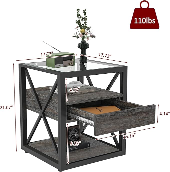 Farmhouse End Table, Modern Side Table with Drawer&3-Tier Storage Shelf, Square Rustic Nightstand, Accent Tea Table, for Bedroom Office Living Room, Grey, Natural Wood, Glass, Metal-Ruum Studio Home