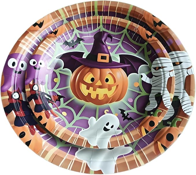 Halloween Paper Plates,Cups,Forks(96Pcs)-Disposable Party Plates Heavy Duty,Party Supplies Tableware Set|Paper Plates 9 inch & 7 inch,Spooky Decor(Flying Pumpkin,Ghost,Zombie,Bat) for Kids Halloween-Ruum Studio Home