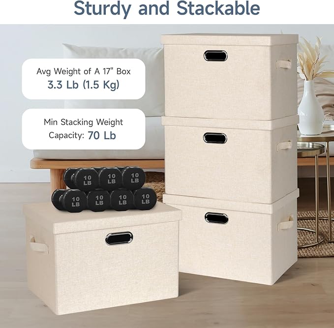 Large 17" 36 Quart Collapsible Stackable Storage Bins with Lids, 3 Packs Light Orange Linen Fabric Closet Boxes with Lids, Storage Cube Baskets Container Organizers for Office (17x12x11)-Ruum Studio Home