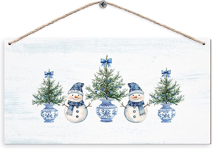 DUXMNAMG Chinoiserie Snowman Winter Hanging Wooden Signs 12x6, Blue and White Porcelain Snowman Sign, Winter ChristmasTree Blue Bow Snowman Chinoiserie Signs for Home Room Office Hanging Wall Decor-Ruum Studio Home
