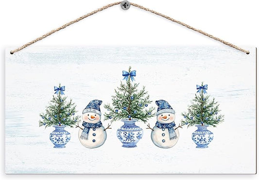 DUXMNAMG Chinoiserie Snowman Winter Hanging Wooden Signs 12x6, Blue and White Porcelain Snowman Sign, Winter ChristmasTree Blue Bow Snowman Chinoiserie Signs for Home Room Office Hanging Wall Decor-Ruum Studio Home