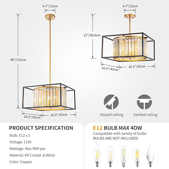 5-Lights K9 Crystal Chandelier, Modern Style Pendant Light Fixture for Dining Room, Bedroom & Living Room, Gold & Black Finish, L16.5 * W16.5 * H12~48 inch (Adjustable Height)-Ruum Studio Home
