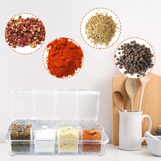 XIUDI Clear Seasoning Rack Spice Pots-4 Pieces Clear Seasoning Storage Container for Spice Salt Sugar Cruet.Acrylic Seasoning Box, Cruet with Cover and Spoon-Ruum Studio Home