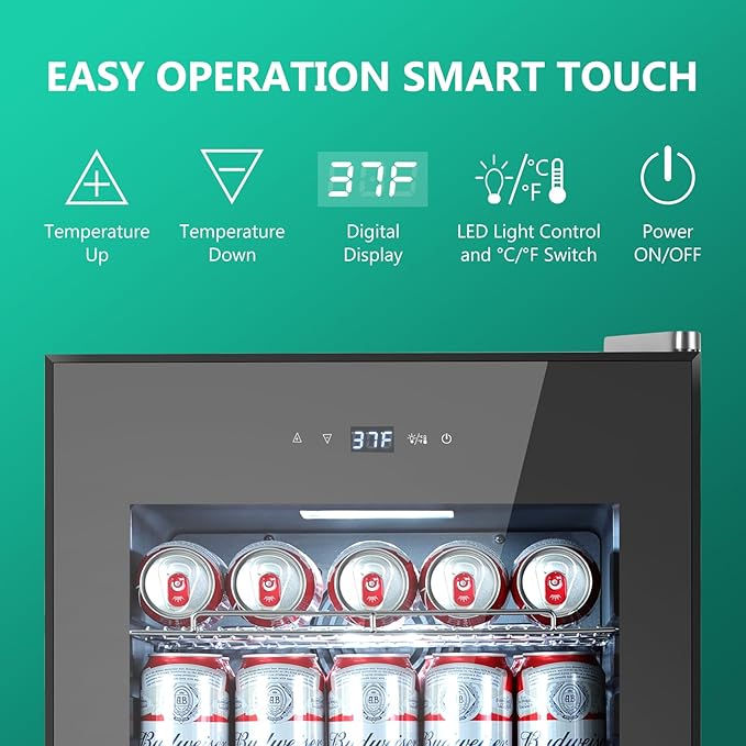 101 Cans Compressor Beverage Refrigerator, 17 Inch Drink Fridge with Glass Door, Adjustable Removable Shelves, Quiet Operation, Temp Memory, Beer Cooler for Soda, Beer, Water, Home Bar, Office-Ruum Studio Home
