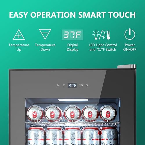 101 Cans Compressor Beverage Refrigerator, 17 Inch Drink Fridge with Glass Door, Adjustable Removable Shelves, Quiet Operation, Temp Memory, Beer Cooler for Soda, Beer, Water, Home Bar, Office-Ruum Studio Home