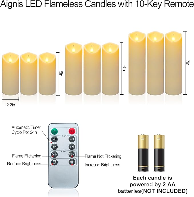 Aignis 2pcs Flameless LED Candles Battery Operated with 10-Key Remote Timer, Indoor Heat Resistant, 3D Wick with Warm Flickering Glow for Cozy Home/Wedding/Holiday Décor (D 2.2" x H 6")-Ruum Studio Home