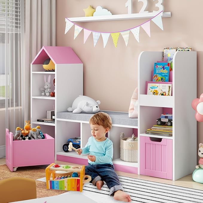 Toy Storage Organizer for Kids Bookshelf with Reading Nook, Multifunctional Kids Bookcase with 7 Storage Cubbies, 2 Movable Drawers and Seat Cushion for Keeping Kids' Toys Books Organized, Pink-Ruum Studio Home