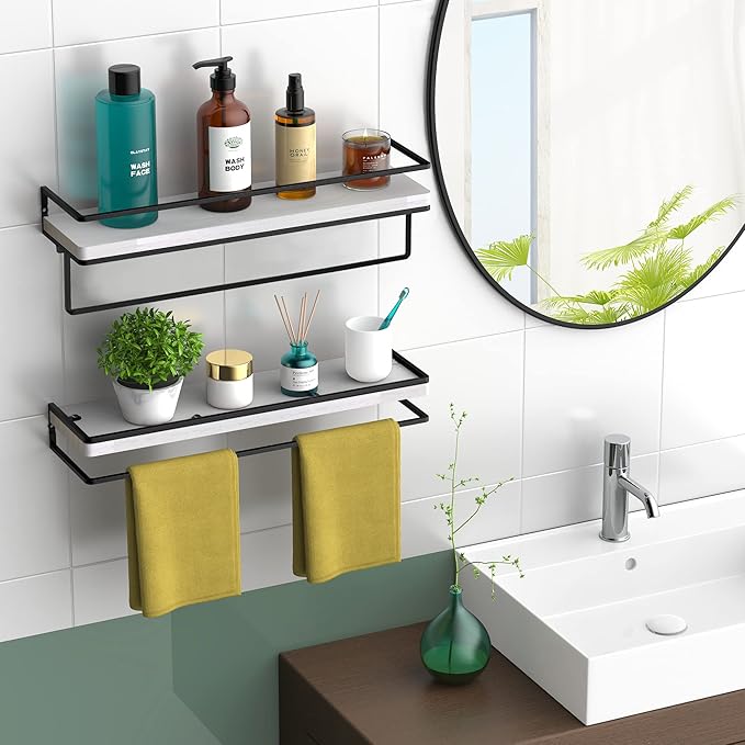 Meangood Floating Shelves Wall Mounted Set of 2, Wall Shelf with Towel Bar Rustic Wood Wall Storage Shelves for Bedroom,Living Room,Bathroom, Kitchen White-Ruum Studio Home