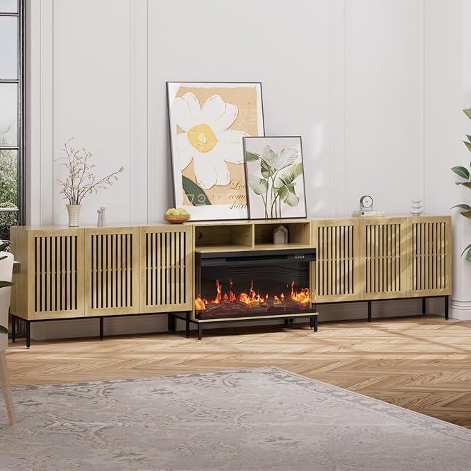 3-Sided Glass Farmhouse Fireplace TV Stand for TVs Up to 110 Inch, Oak Entertainment Center with 36" Electric Fireplace, TV Console with Storage Cabinets for Living Room-Ruum Studio Home