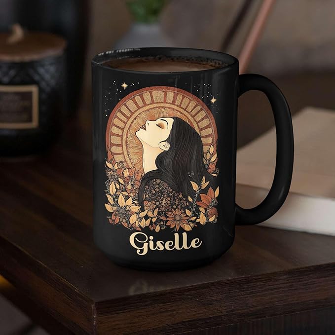 Elegant Woman Coffee Mug with Custom Name, Autumn Themed Ceramic Cup 11oz 15oz, Unique Fall Inspired Black Mug for Women, Personalized Women's Day Coffee Cup, Gifts for Holiday-Ruum Studio Home