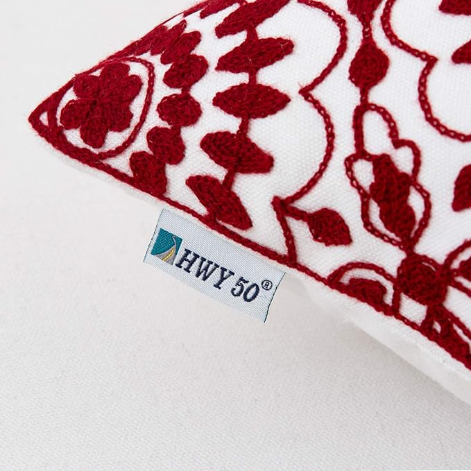 HWY 50 Red Decorative Throw Pillow Covers 18x18 Inch (1 Piece), Embroidered Cotton Farmhouse Cushion Cover Pillow Case for Sofa Couch Living Room Bed, Little Sunflower-Ruum Studio Home