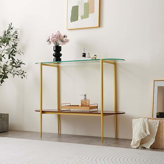 Oval Glass Console Table for Living Room, Foyer & Entrance, 2-Tiers Mid-Century Modern Sofa Table with Clear Glass Top, Walnut Finish Wood Shelf and Gold Finish Frame-Ruum Studio Home
