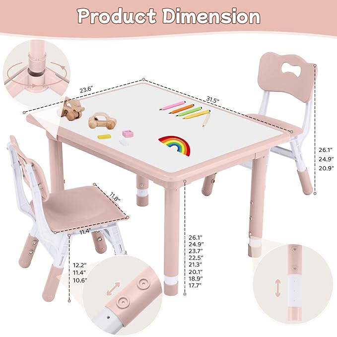 Toddler Table and Chair Set, Height Adjustable-Upgrade Kids Table and 2 Chairs for Ages 3-8, Multi-Activity Toddler Play Table with Graffiti Desktop for Home/Daycare/Classroom-Ruum Studio Home