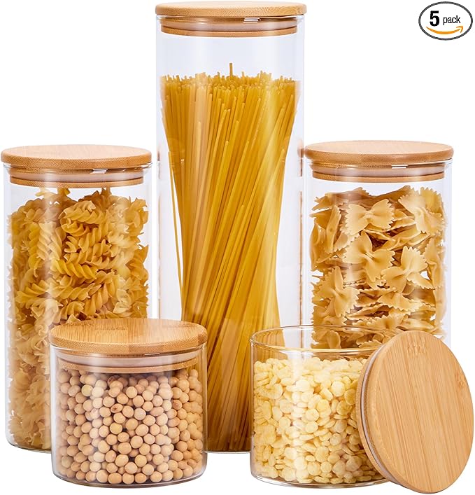 Glass Food Storage Jars with Lids[Set of 5], Perfect for Pasta, Cookies, Nuts, Coffee, Cereal, Flour, and More, Organize Your Kitchen and Pantry with these BPA-Free Glass Canisters-Ruum Studio Home