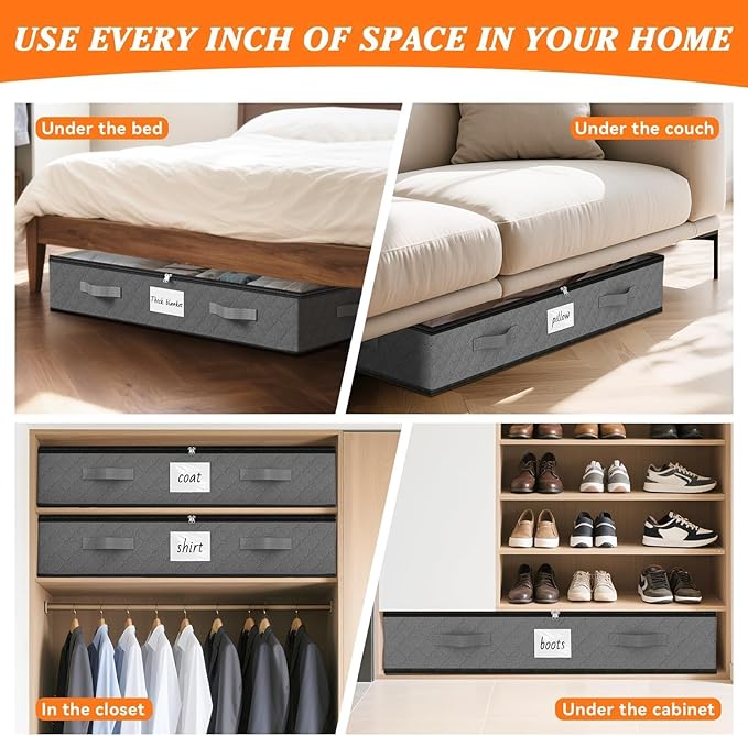 SpaceWhisper 90L Under Bed Storage Containers, 2-Pack Storage Bins with Clear Top, Foldable Closet Organizers and Storage with Label Holder for Clothing, Blankets, Comforter & Pillows (Grey)-Ruum Studio Home